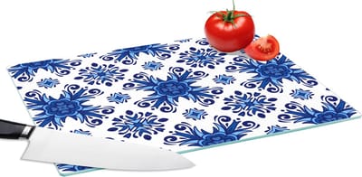Glazen Snijplank - 39x28 - Tegel - Bloem - Blauw - Patroon - Snijplanken Glas