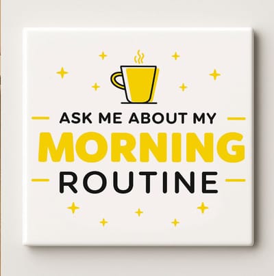 Ask Me About My Morning Routine Koffie Tegel – 15x15 cm Grappige Keramische Wandtegel – Perfect Cadeau voor Koffieliefhebbers & Huisdecoratie