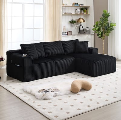 DESMIU Hoekbank 257 x 160 x 62 cm - Modulaire Chaiselongue En 2-Zits Met 5 Kussens, Zijvakken En Bekerhouders - Corduroy Zwart