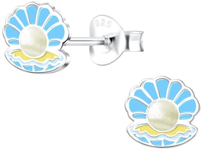 Joy|S - Zilveren schelp oorbellen met pareltje - kinderoorbellen - blauw - 7 mm