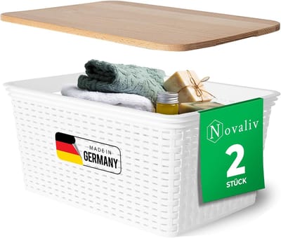 Novaliv set van 2 elegante opbergmanden met houten deksels in rotanlook | Wit voedselveilig plastic 14L? Ideaal voor het opbergen van kleding en in de badkamer. Opbergbox badkamermand.