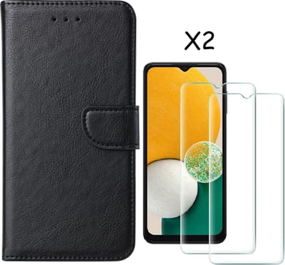 Hoesje Geschikt Voor Samsung Galaxy A03 Core hoesje bookcase Zwart - Hoesje Geschikt Voor Samsung Galaxy A03 Core bookcase portemonnee Hoesje Geschikt Voor Samsung Galaxy A03 Core screenprotector / 2X Beschermglas