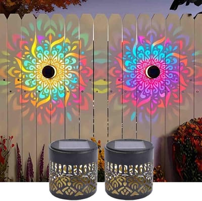 LISM-Set van 2 kleurveranderende mandala-lampen op zonne-energie, decoratieve mandala-wandlampen op zonne-energie, metalen projectorlampen voor buiten, waterdichte schuttingverlichting, geschikt voor terrassen, tuinen, balkons en achtertuinen.