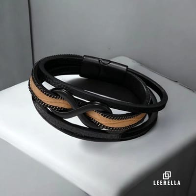 Leerella Leren Unisex Armband Zwart met Lichtbruin met Infinity-Symbool – Stijlvol, Tijdloos en Betekenisvol - 21 cm