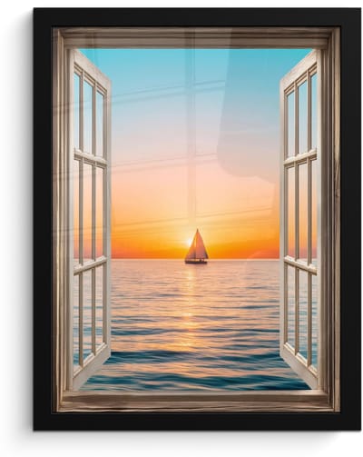 Poster in lijst - Fotolijst 30x40 cm - Posters - Doorkijk - Zee - Boot - Zonsondergang - Posterlijst zwart - Decoratie - Wanddecoratie woonkamer - Muurdecoratie slaapkamer