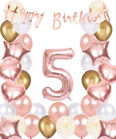 Snoes Ballonnen 5 Jaar Rose Gold White Dots - Compleet Feestpakket met cijfer ballon 5 Jaar - Verjaardag Versiering Slinger Happy Birthday – Folieballon – Latex Ballonnen - Helium Ballonnen - Rose Feestpakket