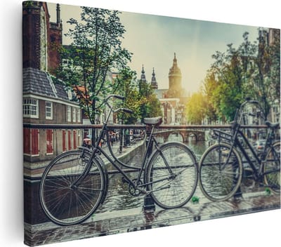 Artaza Canvas Schilderij Amsterdamse Grachten - 30x20 cm - Klein - Wanddecoratie Fiets - Muurdecoratie Woonkamer - Kamer Accessoires Stad