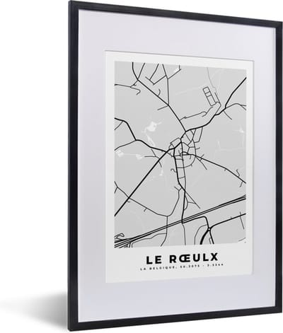 Fotolijst incl. Poster Zwart Wit- Plattegrond – Le Rœulx – Zwart Wit – Stadskaart - Kaart - 30x40 cm - Posterlijst
