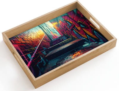 Dienblad hout 40x30 cm - Schootdienblad - Architectuur - Neon - Trap - Graffiti - Borrelplank rechthoek - Plateau dienbladen