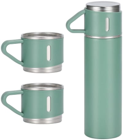QTTVBTNA -Thermosfles Set 500ml met 2 Bekers – Vacuüm Isolatiefles Draagbaar – Stijlvol Design voor Kantoor, Reizen, Camping en Dagelijks Gebruik – Matte Groen
