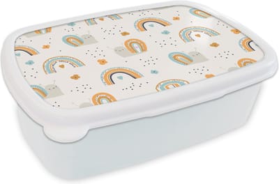 Broodtrommel Wit - Lunchbox - Brooddoos - Dieren - Patronen - Regenboog - Bloemen - Patronen - 18x12x6 cm - Volwassenen