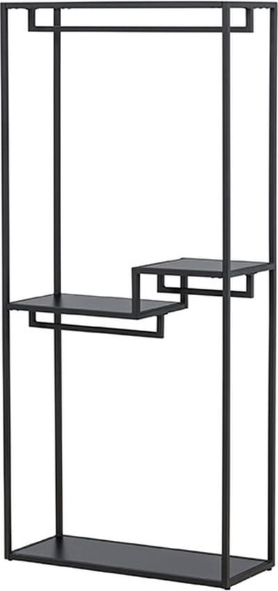 Staal kapstok 2 planken, 3 kledingstangen zwart.