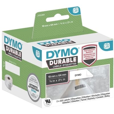 DYMO originele Duurzame LabelWriter labels | 19 mm x 64 mm | Witte Poly | 2 rollen met elk 450 labels (900 zelfklevende etiketten) | Stevige labels voor de LabelWriter labelprinters