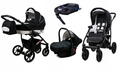 BabyLux® Kinderwagen 4in1 – LARGO - BLACK DOTS BLACK FRAME - Opklapbare Wandelwagen incl. Reiswieg, Multifunctionele Buggy Sportstoel, Autostoel, ISOFIX basisstation - Combi-kinderwagen met Luiertas, Regenhoes, Klamboe