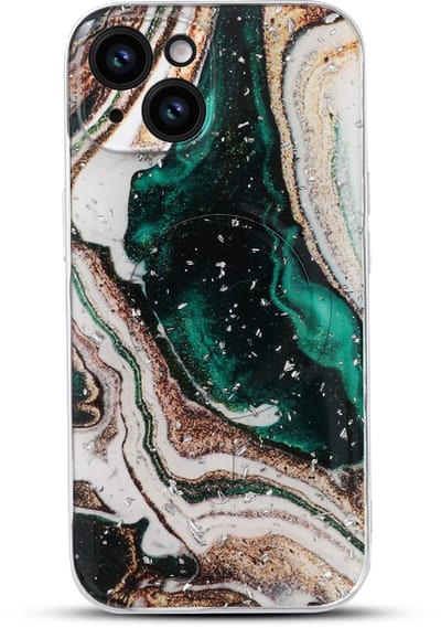 Casemania Hoesje Geschikt voor Apple iPhone 13 - Groen - Marmer Glitter Back Cover met Camera Bescherming - Geschikt voor MagSafe