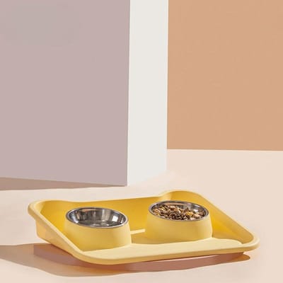 Mooi uitziende Kattengezicht Dinerbord Lekvrij Roestvrij Staal Dubbele Kom Kattenbak en Hondenschaal Multifunctionele Huisdier Voedingsbak Hondenspullen 46*38*8.3cm beige