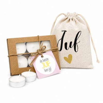 Juf Cadeautje - Stoffen zakje Juf - Kraft doosje met waxinelichtjes - De beste juf dat ben jij - Juffendag - Afscheid Basisschool - Juffrouw kado
