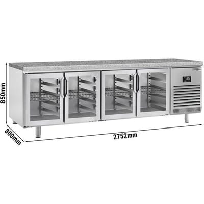 GGM Gastro Bäckereikühltisch Premium PLUS - 2752x800mm - 4 Glastüren - Granitarbeitsplatte Zilver