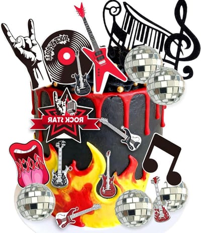 Muziek Taart Decoratie - Gitaar Decoraties - Verjaardag Versieren - Muziek Thema Set - 18 Stuks - Zilver