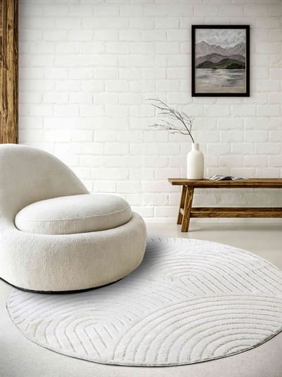 Flycarpets Japandi vloerkleed laagpolig - New York Design - Panglao Wit 160cm rond Ø
