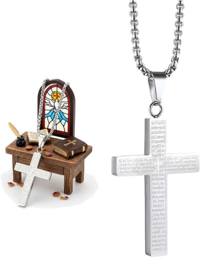 Minimalistische kruis ketting voor mannen van roestvrij staal – Zilverkleurige halsketting met gegraveerde tekst, religieuze sieraden cadeau voor dagelijks gebruik en speciale gelegenheden