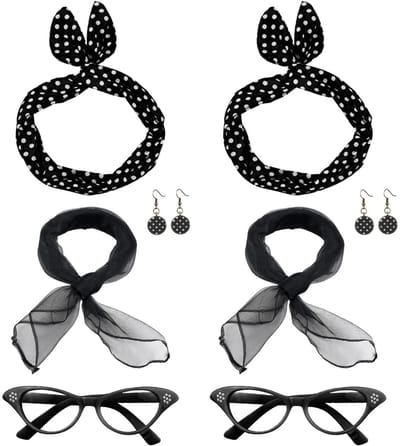 Retro 50s Kostuum Accessoires Set - 8 Delig - Zwart - Voor Dames en Meisjes