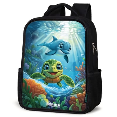 NoBoringSuitcases.com® - Rugzak zwart - Schooltas jongen & meisje - Schildpad en dolfijn in blauwe oceaan - Rugtas voor school - Boekentas kind - Schoolrugzak - Kinderrugzak