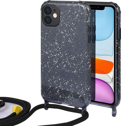 HB Hoesje Geschikt voor Apple iPhone 12 Mini - Zwart - Glitter Back Cover met Koord