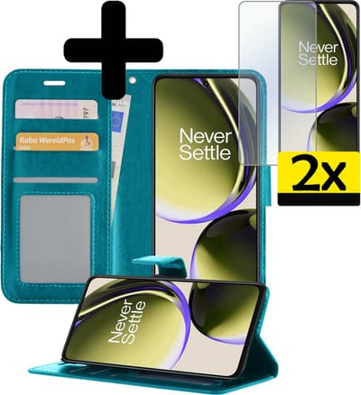 Hoesje - Met 2x Screenprotector - Geschikt voor OnePlus Nord CE 3 Lite - Luxe Pasjeshouder - Bookcase Portemonee - Flip Case - Kunstleer Book Case - Flipcase Hoes - Book Cover - Walletcase - Portemonneehoes - Telefoonhoesjes - Turquoise