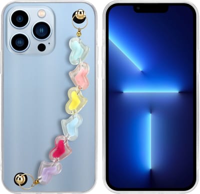 Cadorabo Hoesje geschikt voor Apple iPhone 13 PRO in Transparant met kleurrijke hartjes - Beschermhoes van flexibel TPU silicone Case Cover met polsketting