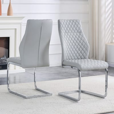 [Set van 2] Eetkamerstoelen in lichtgrijs ruitpatroon: Hoge rugleuning + comfortabel zitkussen, zilverkleurig metalen frame, antislip en duurzaam, geschikt voor restaurants etc.