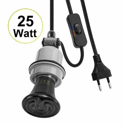 UniEgg® Keramische Lampenhouder met 100cm snoer en aan/uit schakelaar inclusief 25 watt keramische warmtelamp | Geschikt voor Keramische en infrarood Warmtelampen (E27) Kuikens, Reptielen, en Amfibieën -