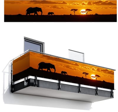 Balkonscherm 500x100 cm - Balkonposter Olifanten - Savanne - Zonsondergang - Balkon scherm decoratie - Balkonschermen - Balkondoek zonnescherm
