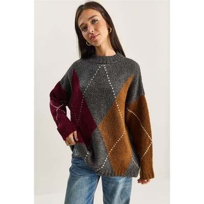 Oversized Gebreid Diamantpatroon Sweater