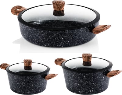 Westinghouse 3-delige Pannenset – Braadpan Ø 24 cm + Braadpan Ø 28 cm + Hapjespan Ø 32 cm – Inductie – PFOA-vrij – Black Marble Wood