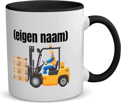 Akyol - heftruck met pallet met eigen naam koffiemok - theemok - zwart - Heftruck - mensen die werken in de magazijn - collega's - verjaardag - afscheidscadeau - geschenk - kado - 350 ML inhoud