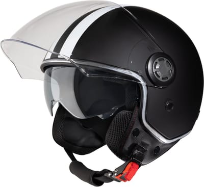 VINZ Parchi Scooterhelm met zonnevizier / Jethelm met streep / Brommer Helm / Motorhelm / Helm Scooter Retro / Snorfiets helm / Snorscooter helm - Geschikt Voor Helmplicht Blauw Kenteken - Mat Zwart - L