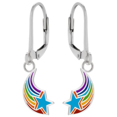 Zilveren kinderoorbellen - vallende ster met regenboog - 21 mm