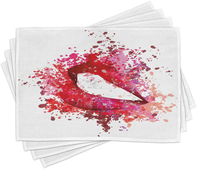 ABAKUHAUS Moderne placemats, sexy lippen van vrouwen die glimlachen op een aquarel-schilderkwast-verfspuit-effect afbeelding, gemaakt van kleurvaste stoffen voor eetkamer en keuken, fuchsiarood