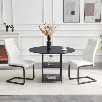 Tafel- en stoelenset. Ronde eettafel van 107 cm met dubbel opbergvak + 2 witte eetkamerstoelen met ruitpatroon, MDF + metaal in industriële stijl, geschikt voor Europese huishoudens.