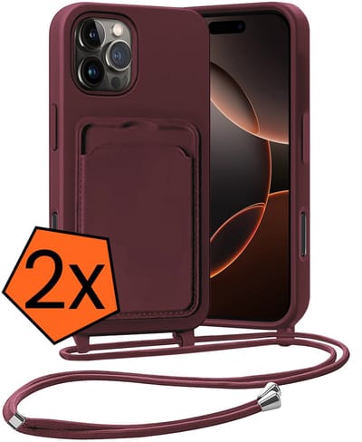 Hoesje Geschikt voor iPhone 16 Pro Hoesje Met Telefoonketting Pasjeshouder Case Koord - Hoesje Geschikt voor iPhone 16 Pro Hoes Met Kaarthouder - Aubergine - 2 PACK
