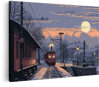 Artaza Canvas Schilderij Winterlandschap - 30x20 cm - Wanddecoratie Trein Station - Muurdecoratie Maan - Pixel Art Kamer Accessoires