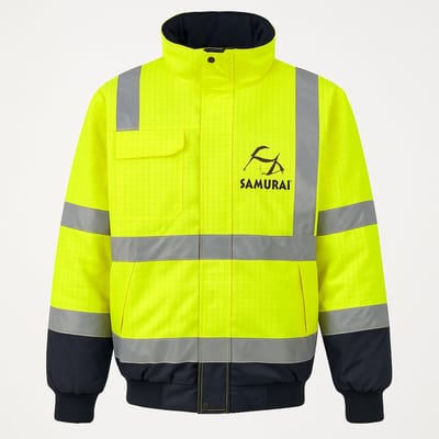 Samurai New Matrix Parka – High Visibility Werkjas – Geel/Marineblauw – Maat L – Antistatisch, Chemisch- en Vlamvertragend – EN-normen