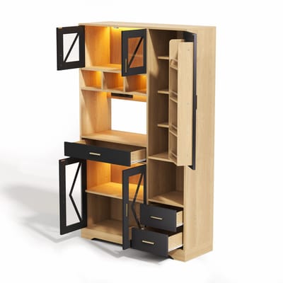 Keukenkast - Keukenkast in schuurstijl – Hoge opberg- en vitrinekast met verstelbare planken, lade, van kleur veranderende ledverlichting en stopcontacten, 185 × 105 × 40 cm.