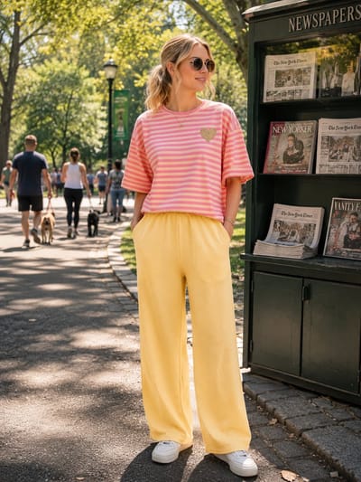 Setje Comfy broek en T-shirt, geel, roze, one size, gaat tot maat M/L