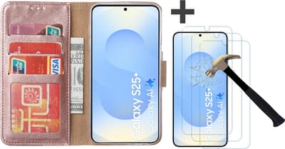 Hoesje met 3 Stuks Screenprotectors Geschikt voor Samsung Galaxy S25 Plus – Arara bookcase met pasjeshouder - Rosegoud
