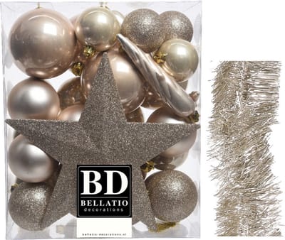 Kerstballen 5-6-8 cm 32x st met ster piek en slingers champagne - kunststof