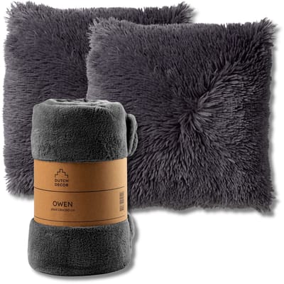 Dutch Decor - VOORDEELSET - 3-delig - Fluffy & Owen - 2 sierkussens 45x45 cm - 1 plaid 130x160 cm - antraciet