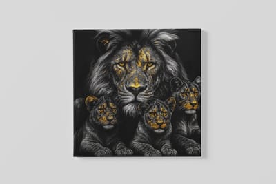 Vierkant Canvas Schilderij Leeuw met Welpen - Zwart Goud Dieren - Wanddecoratie Woonkamer - 40 x 40 cm