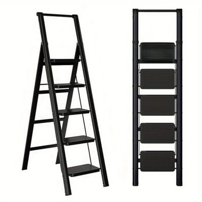 Opvouwbare trap met 5 treden - brede antisliptreden - leuning en draaggreep - compact inklapbaar – voor woning en kantoor – 170 x 42 x 5 cm - zwart